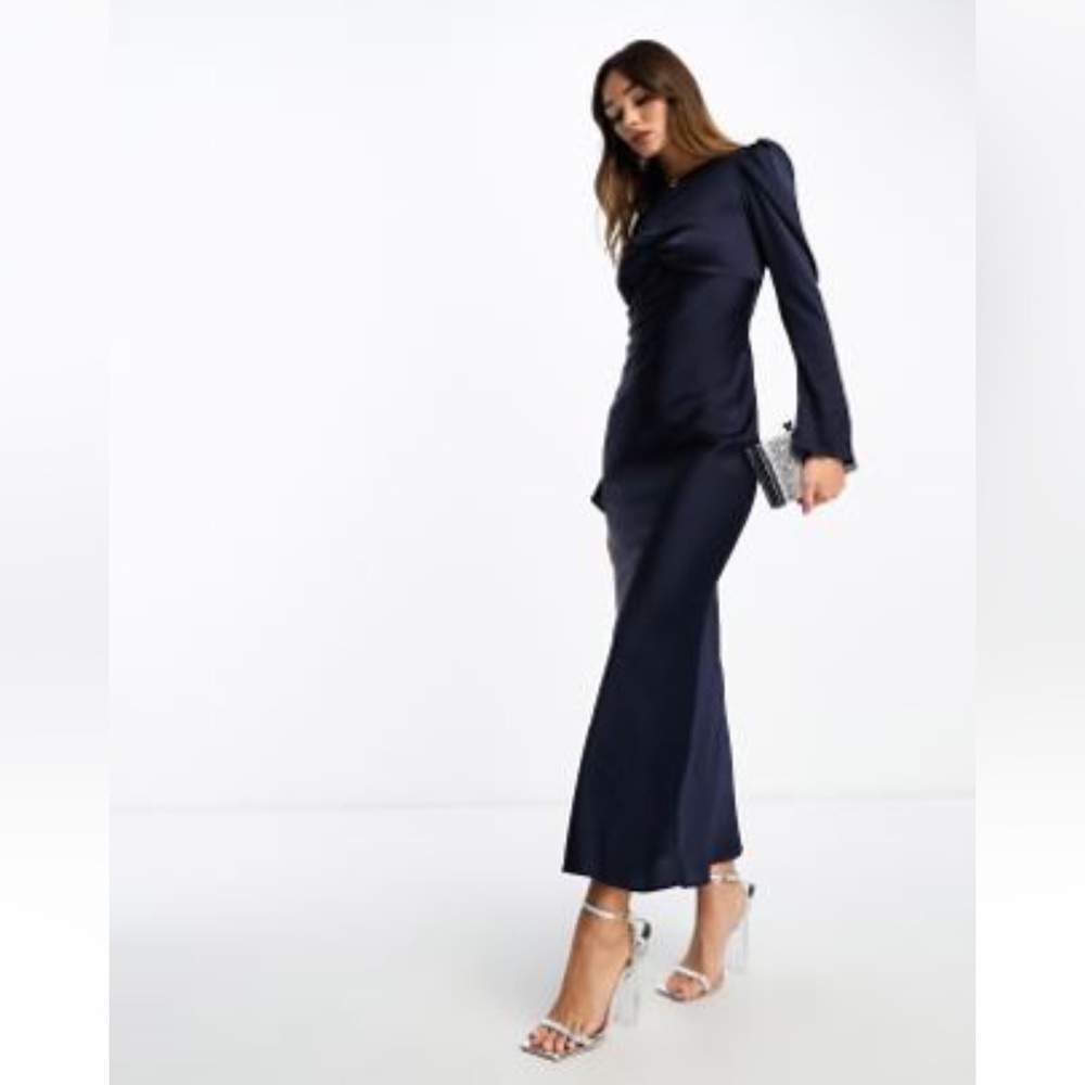ASOS DESIGN ruched bust detail satin maxi dress in Navy - Worn Once - Size 14